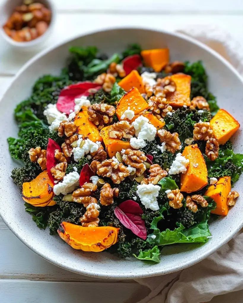 Salat mit Schwarzkohl, Kürbis, Ziegenkäse und karamellisierten Walnüssen